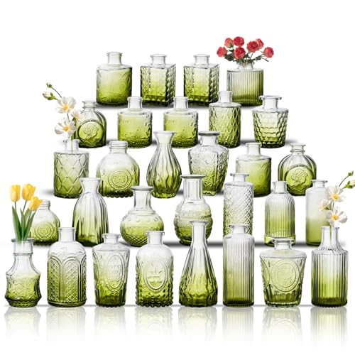 Glass Bud Vase Set of 30, Small Flower Vases, Glass Vases for Centerpieces, Vintage Home Table Decorations Bud Vases (30 Pcs, Green) - color: Green, size: 30 Pcs