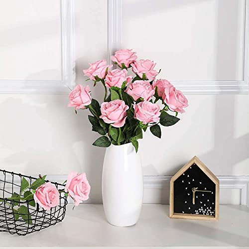 Laelfe 12 PCS Artificial Flowers Pink Roses Fake Silk Flowers Long Stem Artificial Roses for Home Wedding Decorations (Pink) - color: Pink