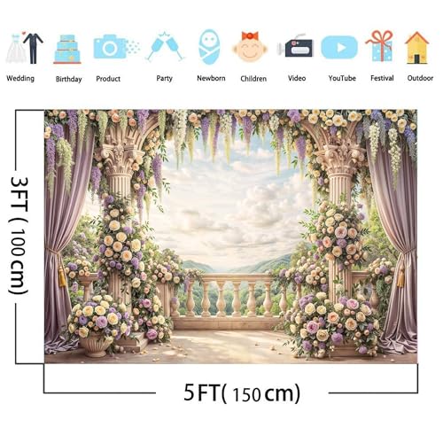 6 x 4 ft Purple Floral Backdrop Rome Garden Balcony Arch Retro Flowers Photography Backdrops Wedding Birthday Party Decorations Baby Bridal Shower Portrait Photo Background Studio Props Wall Decor - color: Multi01, size: 6X4FT