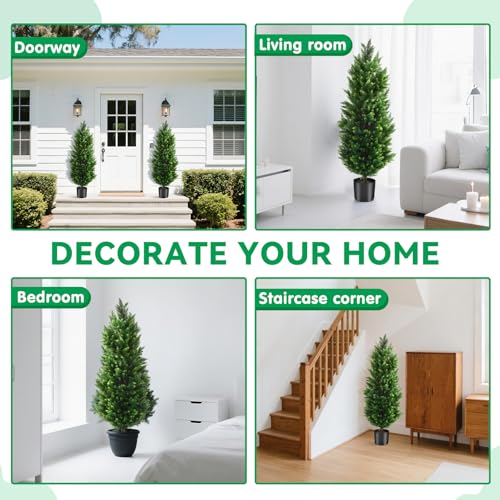 4FT Artificial Topiary Cedar Trees 2 Set, Fake Trees Outdoor Indoor UV Resistant Faux Bushes Artificial Shrubs for Garden Home Front Door Office Decor
