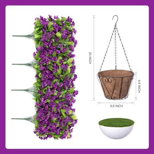 Ammyoo Artificial Faux Hanging Flowers Basket for Spring Summer Outdoor Porch Decor, Fake Silk Colorful Morning Glory Eucalyptus in Planter UV Resistant Look Real for Home Balcony Yard(Darkorchid) - color: Darkorchid