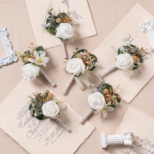 White Faux Foam Rose Men Boutonnieres for Wedding Prom 6Pcs | White Artificial Foam Rose Boutonnieres for Wedding Prom Groom Groomsmen Party Homecoming Graduation Suit Decoration - color: White Style a
