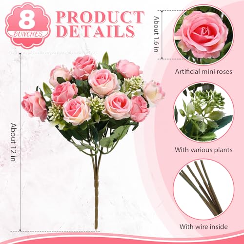 Zeyune 8 Pack 12 Inch Wedding Bouquets for Bride Bridesmaid Red Artificial Rose Bouquet Fake Silk Roses Flowers Bunches Bulk for Home Office Garden Parties(Pink) - color: Pink