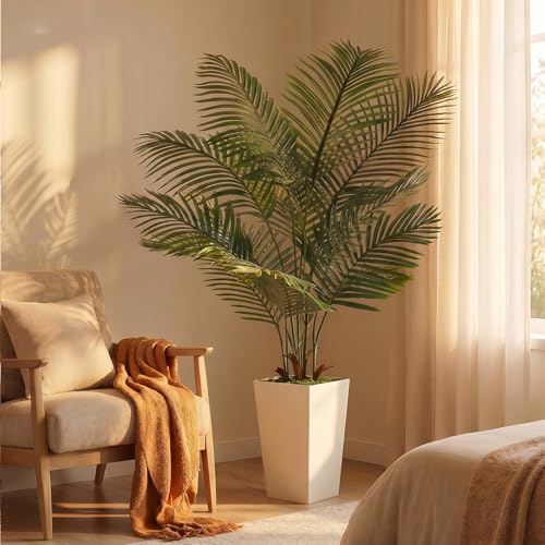 6FT Artificial Palm Tree, Palm Tree 72in Tall Faux with 15.7 White Planter, Fake Potted Tree with Lifelike Leaves for Indoor & Outdoor Home Office Decor