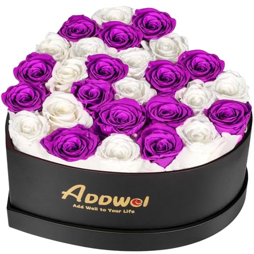 ADDWel Romantic Preserved Roses Bouquet for Her Anniversary, Birthday Flower Gifts for Women, 27-Pieces Eternal Roses with Natural Fragrance in Heart-Shape Box for Wife Girlfriend Mom - color: Purple & White - 27 Roses