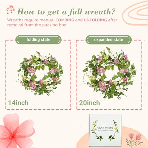 YNYLCHMX 20" Spring Summer Wreaths for Front Door, Artificial Floral Wreath with Pink Hydrangea Green Eucalyptus Leaves, Green Foliage Wreath for Wall Window Farmhouse Party Holiday Home Decor - color: Pink Hydrangea