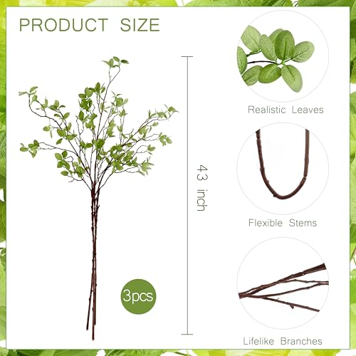 THAWAY 3 Pcs Artificial Eucalyptus Stems - 43 Inch Long Faux Eucalyptus Branches for Tall Vase Filler, Realistic Greenery Stems Fake Silk Leaves for Home Table Farmhouse Wedding Decor