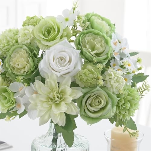 4 Pcs Mixed Artificial Flowers Set, Small Artificial Peony Bouquet Fake Rose Flower Silk Floral Arrangements for Table Centerpiece Home Wedding Party Bridal Decoration(Green, 2 Bouquets & 2 Stems) - color: Green, size: Mixed 4pcs