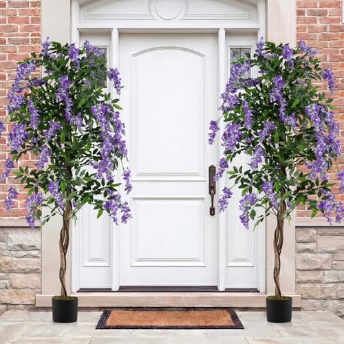 Goplus 6FT Ficus Artificial Tree, 2 Pack Faux Wisteria Tree in Nursery Pot with Purple Lifelike Flowers, Fake Potted Tree Greenery Floor Plant for Indoor Home Office Porch Living Room Decor - color: Purple, size: 6ft×2