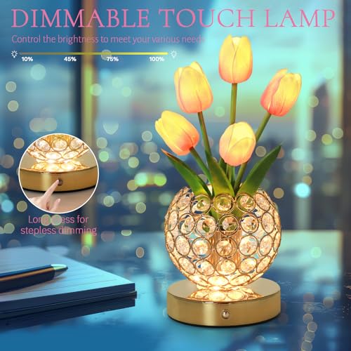 Tulip Table Lamp, Rechargeable Cordless Crystal Night Light, 3 Colors Touch Stepless Dimming Artificial Flower Light, LED Flower Bedside Lamp Romantic Gifts for Girl Women Mom (Tulip2 - Pink) - color: Tulip2 - Pink
