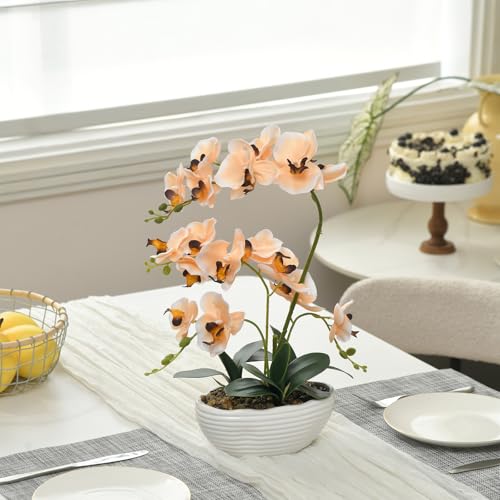 19" H Phalaenopsis Faux Orchid Plant Silk Orchid Centerpiece Artificial Floral Arrangement in Ceramic Pot (Champagne) - color: Champagne