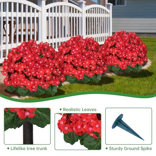 2Pcs Artificial Ball Topiary Trees, Red Fake Shrubs Bushes with Ground Spike, Faux Evergreen for Porch Plants, UV Resistant Artificial Flowers for Outdoors Indoor Front Garden - color: Red Crabapple Blossoms