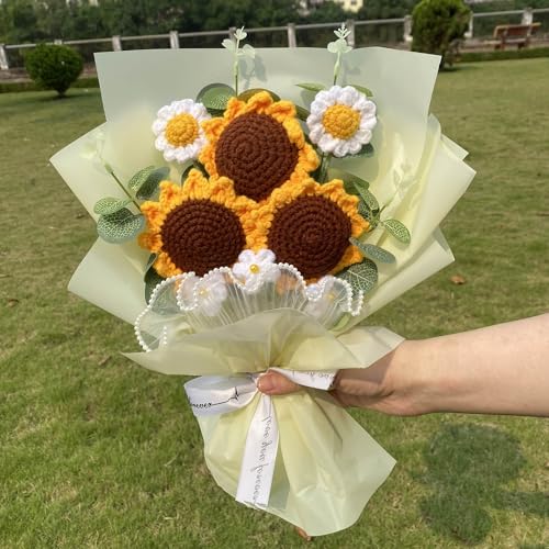 Completed Yellow Crochet Flowers Bouquet, Handmade Knitted Bouquet, Crochet Artificial Flowers of Sunflowers + Daisy for Mother's Day Birthday, Wedding Home Decor, Gifts for Mom (Sunflowers) - style: Sunflower