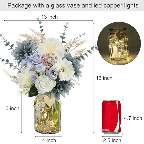 Fake Flowers in Vase, Dusty Blue Artificial Flowers Arrangement in Vase, Fake Floral Table Centerpieces for Kitchen Farmhouse Coffee Table Living Room Cemetery Gravesites Decor - color: Dark Blu Wht