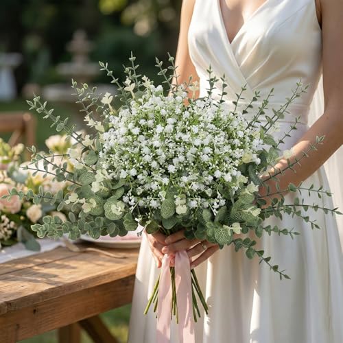 lovemoon 100 Pcs Mixed Greenery Artificial Eucalyptus Stems, Baby Breath Artificial Flowers Bulk and Eucalyptus Leaves for Wedding Bouquets Home Office Floral Decor (100, Green and White) - color: Green and White