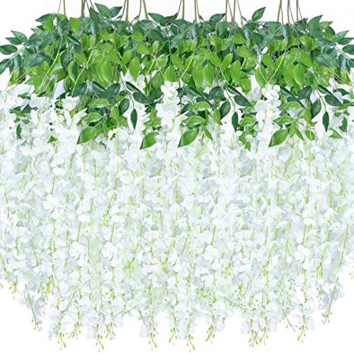 12 Pack Wisteria Flower Vines Garland, 3.75 Ft Artificial Flower Strings, Fake Hanging Flowers, Silk Wisteria Garland Flowers, Flower Vine for Wedding Garden Decor (Pure White) - color: Pure White