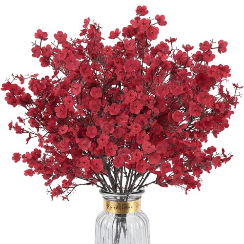 8Pcs Baby Breath Artificial Flowers,Real Touch Red Silk Flowers Bundles Fake Flowers for Vase Home Office Wedding Spring Winter Indoor Outdoor Centerpiece Table Party Mother's Day Decoration - color: Burgundy, size: 8 Bundles
