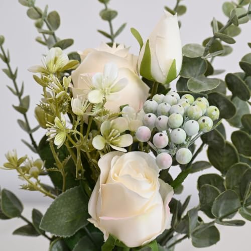 Artificial White Rose Flowers with Glass Vase, Faux Eucalyptus Stems and Berry Bouquet, Silk Floral Arrangement for Home Table Decor, Farmhouse Wedding Centerpieces, Office Shelf Decorations