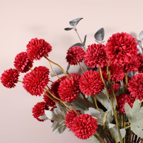 RyddeligHome Faux Red Flowers Artificial 10 Long Stems + Eucalyptus, Burgundy Wine Colored Silk Mum Flowers for Decor, Fall Table Centerpieces, Dark Red Faux Mums - color: Burgundy