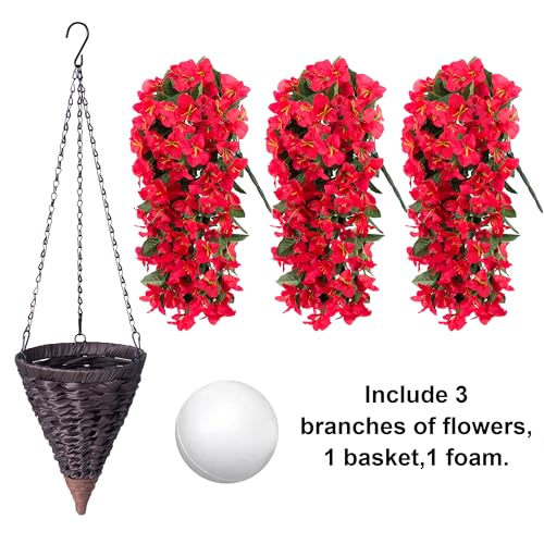 INSPRING Artificial Bougainvillea Faux Flowers Plants Baskets for Outdoor Outside Decoration, 3PCS Fake Silk Flowers Long Trailing Vines UV Resistant Realistic for Front Door Porch Patio (Red) - color: Red