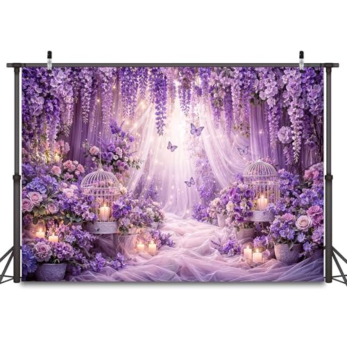 5x3ft Purple Butterfly Floral Backdrop for Photography Butterfly Flowers Girls Party Decorations Background Wedding Birthday Baby Shower Party Cake Table Decor Banner Photo Booth Props - color: Purple01, size: 5X3FT