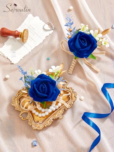 Serwalin Royal Blue Rose Corsage and Boutonniere Set, Boutonniere for Men and Wrist Corsage Wristlet for Wedding Flowers Prom Homecoming Accessories Party Suit Decorations - color: Royal Blue, size: 1 Boutonniere & 1 Wrist Corsage - 2pcs
