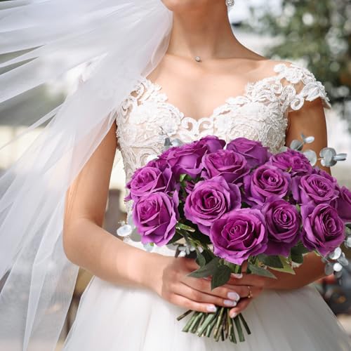 Nubry 24pcs Artificial Purple Roses, Fake Silk Roses Flower with Long Stems, Realistic Flowers for Bridal Wedding Party Table Centerpiece Home Decor - color: Purple