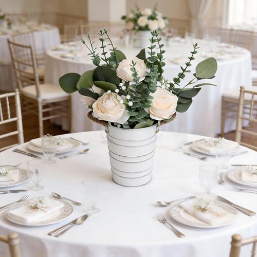 Artificial Flowers in Pot - 10 Inches Pre-Made Large Faux Silk Rose Floral Greenery Table Centerpieces with Rustic Tall Metal Vase for Farmhouse Home Decoration - Champagne - color: Champagne, size: 1 X Flowers Table Centerpiece