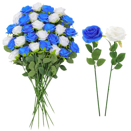 32 Pcs Blue, White Artificial Flowers Roses Fake, Silk Flowers with Stems for DIY Wedding Gothic Bridal Shower Centerpieces Arrangements Tables Decorations - color: Blue, White