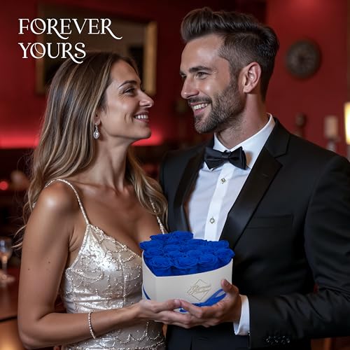 GLAMOUR BOUTIQUE Preserved Roses in a Box - Gifts for Her, Wife & Mom, Rose Flowers Forever Decor for Birthday Gift, Get Well Flower Bouquet Cased in White Box with Cover, Blue, 16 (Color-Treated) - color: Blue, size: 16 Roses Heart Box