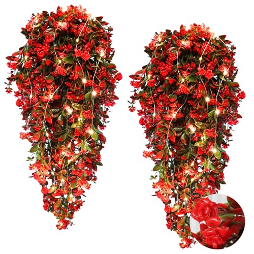 RECUTMS 2Pcs Artificial Red Hanging Flowers with Lights for Outdoor Decoration Fake Hanging Plants Vines with 30 LED String Light UV Resistant Greenery for Indoor Home Garden Party Decor (Lights Red) - color: Lights Red-rose
