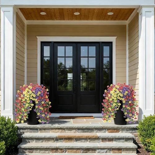 GLIDLION 4 PCS Artificial Morning Glory & Eucalyptus for Outside, Realistic Sun Resistant Fake Silk Hang Flower Faux Eucalyptus Leave for Patio Farmhouse Garden Porches Balcony Decor (Mixed Color) - color: Mixed Color