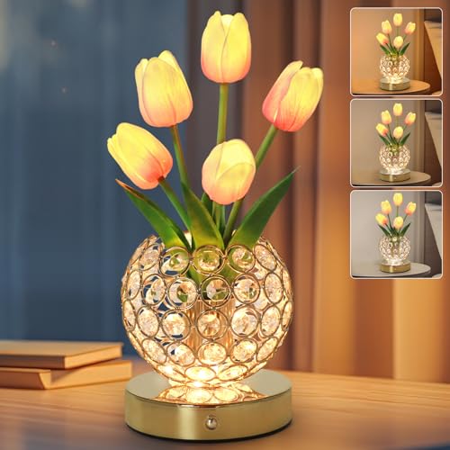 Tulip Table Lamp, Rechargeable Cordless Crystal Night Light, 3 Colors Touch Stepless Dimming Artificial Flower Light, LED Flower Bedside Lamp Romantic Gifts for Girl Women Mom (Tulip2 - Pink) - color: Tulip2 - Pink