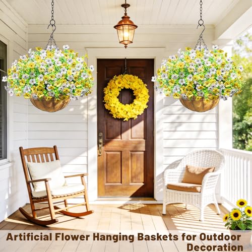 2 Pack Artfiticial Hanging Flowers Baskets for Outdoors, UV Resistant Faux Hanging Plants, 24 Pcs Fake Silk Flowers for Patio Garden Front Porch Balcony Decor (Yellow White) - color: Yellow White