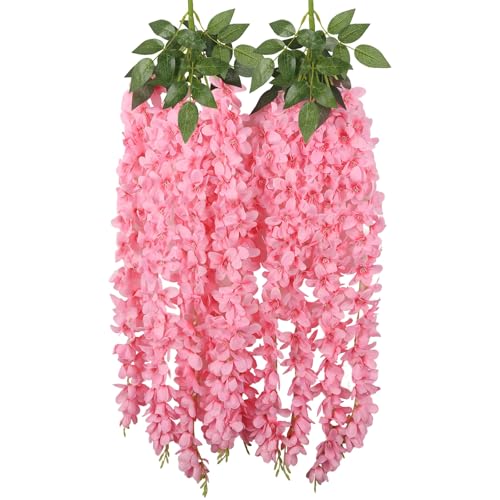 2PCS Pink Wisteria Hanging Flowers, 2.95ft Wisteria Garland with 5 Branches Realistic Silk Hanging Flowers for Decoration, Wedding Arch, Party Backdrop, and Home Wall Decor - color: Pink