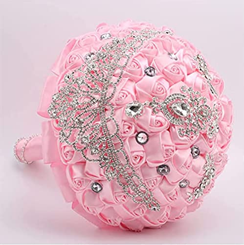 Handmade Luxury Wedding Bridal Bouquet Large Silk Rose Holding Toss Artificial Flowers Bouquets with Satin Ribbon Pearls Rhinestone for Bride Vintage Royal Wedding Bouquet (Pink) - color: Pink