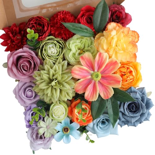 Garisey Artificial Flowers Combo, Mix Silk Flowers Roses, Peonies, Dahlias with Stems for DIY Wedding Bridal Bouquet, Baby Shower, Table Centerpiece, Home Decor, Fake Floral Arrangements-Rainbow Color - color: Rainbow Colorful