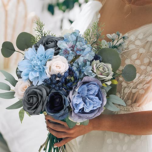 Floweroyal 36 Pcs Artificial Flowers Combo Dusty Blue Flowers Mix Silk Flowers Dahlia Roses with Stems for Wedding Bridal Bouquets, Baby Shower, Floral Arrangement, Table Centerpieces