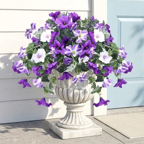 CEWOR 4pcs Artificial Flowers Plants for Outdoor Indoor, Fake Silk Flowers UV Resistant Faux Petunias Flower for Garden Front Door Porch Planter Patio Home Decor (Purple White) - color: Purple & White Morning Glory