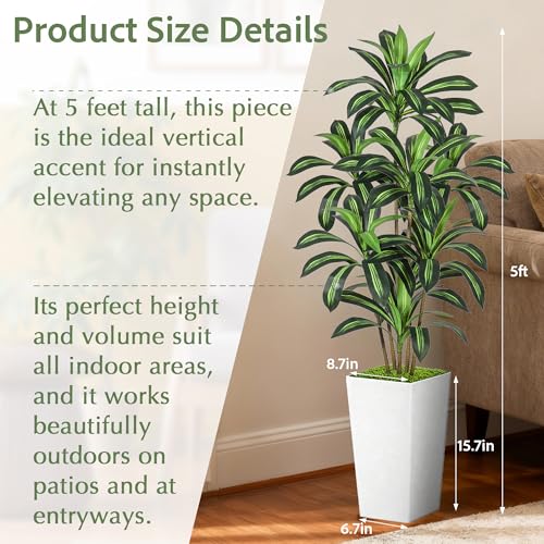 Dracaena Artificial Plant, 5FT Tall Artificial Plants Indoor Dracaena Tree in Pot, Fake Floor Plant for Living Room Decor, Artificial Tropical Plants Outdoor Porch Decor Office(White, 5FT) - color: White, size: 5FT