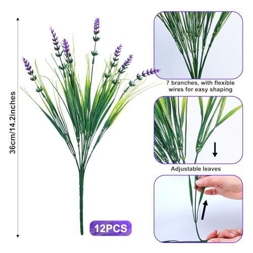 Fumwase 12 Bundles Artificial Plants Flowers for Outdoors Fake Monkey Grass No Fade Artificial Shrubs Bushes Greenery 14.2" Plastic Plants for Garden Home Front Porch Decor (Purplecolor)
