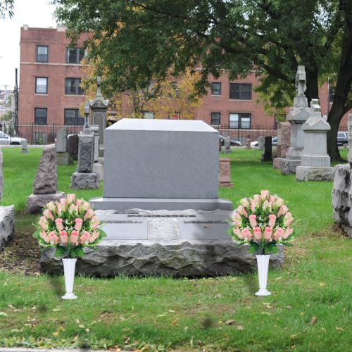Artificial Cemetery Flowers for Grave,2Pack Memorial Roses Bouquets with Vase for Grave Tombstone Decorations(Pink) - color: Pink