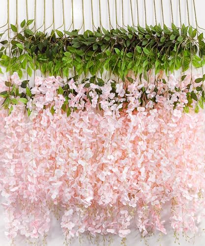 36pcs Artificial Wisteria Flowers 3.6 Feet/Piece Pink Dense Artificial Fake Wisteria Vine Ratta Hanging Garland Silk Flowers String Home Party Wedding Decor（Pink-Dense） - color: Pink, size: 36 PCS