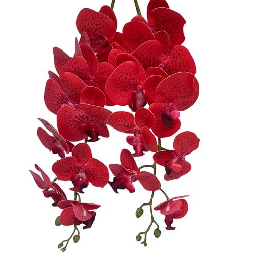 FagusHome Artificial Phalaenopsis Flowers Branches 9 Large Blooms Artificial Orchid Flowers Stem Plants 42 Inches 2 Pcs for Home Wedding Décor (Red Piebald) - color: Red Piebald