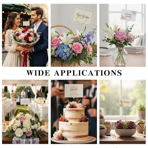 40Pcs Floral Card Holder Picks Gold Metal Wire Flower Card Stick 12 Inch Picture Photo Memo Gift Cards Holder Sticks for Floral Arrangement Bouquet Wedding Decoration Flower Pick for Cards Heart