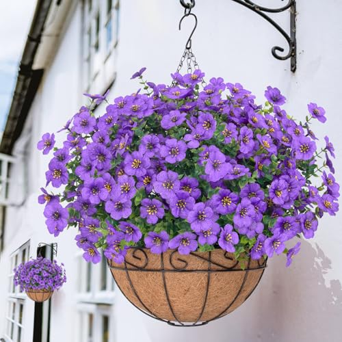 Bassion Artificial Hanging Flowers for Outdoors, UV Resistant Silk Flowers Basket Purple Faux Daisy with Eucalyptus Leaves Hanging Fake Plants for Porch Balcony Patio Home Spring Summer Decoration - color: Purple