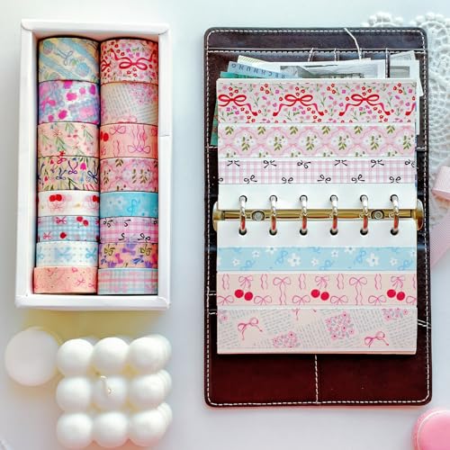 16 Rolls Vintage Washi Tape Set with Bowknot Patterns, Decorative Scrapbook Tape for Journaling Supplies, DIY Crafts and Bullet Journals - color: Pink