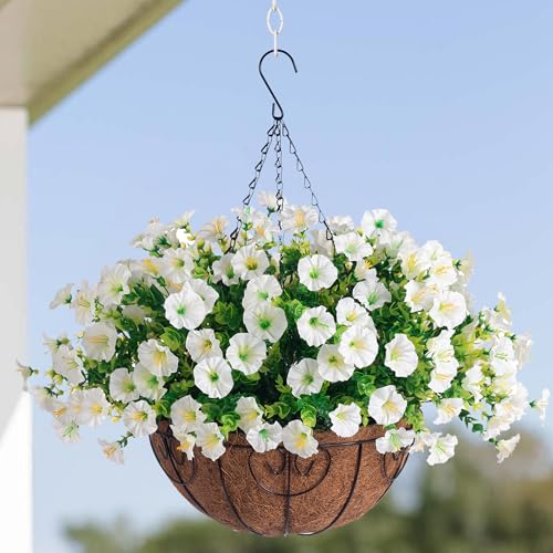 Artificial Fake Hanging Flowers Plants Baskets Spring Outdoor Decor, Outdoor Faux Silk White Morning Glory Eucalyptus in Planter UV Resistant Realistic for Outside Porch Patio Balcony Garden Yard Home - color: B White