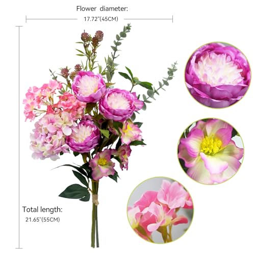 Artificial Flowers Bouquet – Fake Silk Hydrangea Peony and Eucalyptus Mix, Faux Flower Arrangements for Home, Office Decor and Dining Table Centerpieces (Pink &Magenta) - color: Pink &Magenta