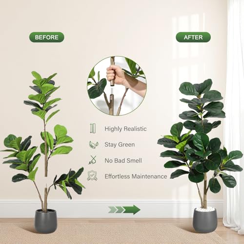 4 ft Fiddle Leaf Fig Tree Artificial with 48 Leaves - Realistic Faux Ficus Lyrata Trees in 7.8 in Grey Planter Pot, Indoor Fake Floor Plants for Home Office Living Room Decor, Housewarming Gift - color: With Black Planter, size: 4ft